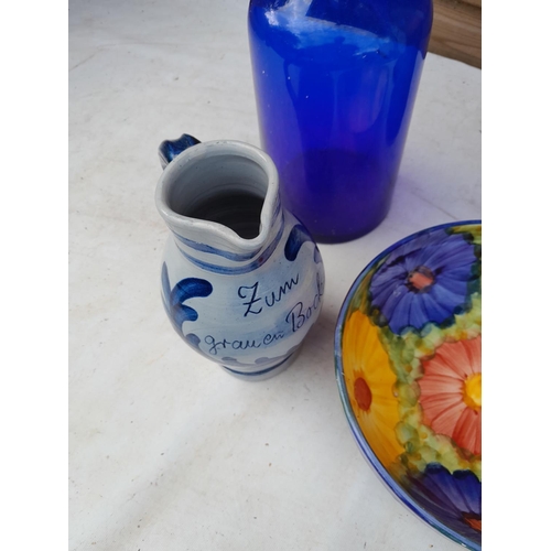 51 - Damaged blue glass vase, Little Folk of Tiverton toy fox etc