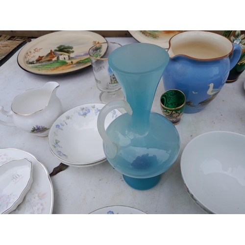 86 - Decorative china  : Cracked hand decorated Torquay ware plates, green enamel Italian glass etc.