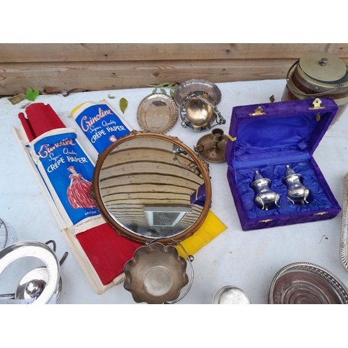 98 - Box of oddments : cut and other clear glassware, silver plated ware, mirror, vintage oak biscuit bar... 