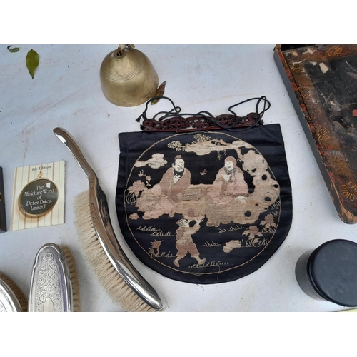 103 - Box of oddments : silver rimmed pin dish, silver tea spoon and silver mustard spoon, Japanese silk b... 