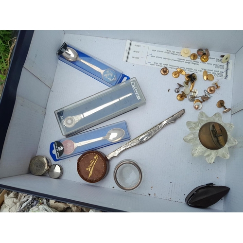 103 - Box of oddments : silver rimmed pin dish, silver tea spoon and silver mustard spoon, Japanese silk b... 