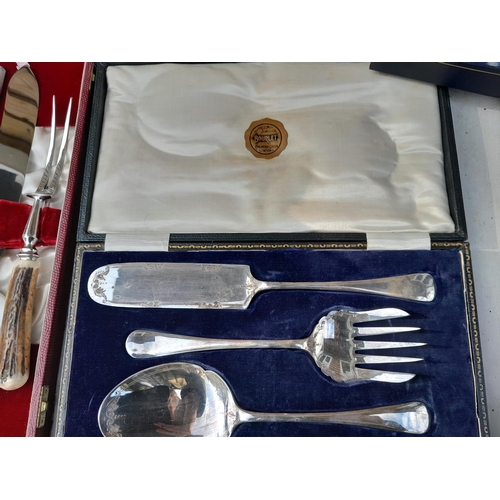 219 - Assorted silver plated presentation cases of cutlery & 4 x collectors wall plates with steam train t... 