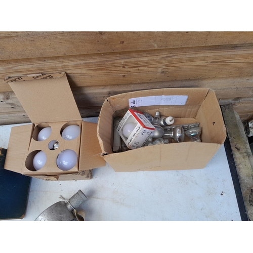 227 - Box of oddments : hand tools, kitchen scales, fire hose nozzle etc.