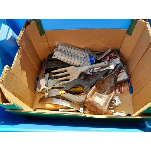 227 - Box of oddments : hand tools, kitchen scales, fire hose nozzle etc.