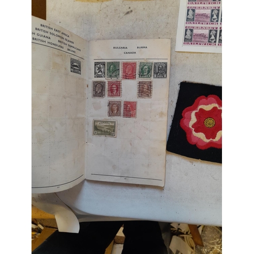 242 - 2 x Army Lapel badges & sparsely filled stamp album of stamps of the world hard mounted, sheets of m... 