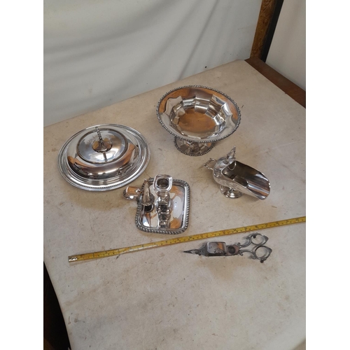 256 - Assorted silver plated items : wick trimmer, chamber stick, hotel plate etc.