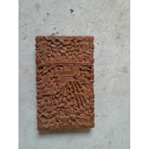 364 - 19th century Chinese sandalwood card case, profusely carved all over with artist signature on intern... 