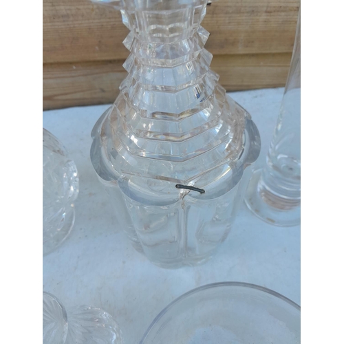 386 - Cut, etched and other glassware: Victorian stapled and restored decanter etc.