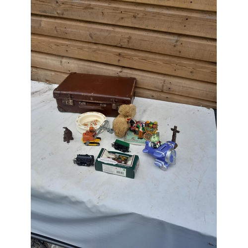 444 - Vintage suitcase of oddments : toys, die cast, Doulton Bunnykins etc.