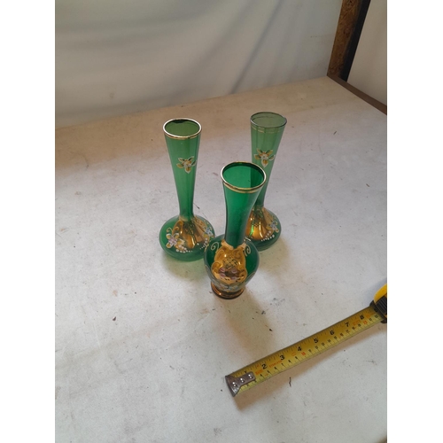 642 - Set of three Venetian green glass and enamelled vase