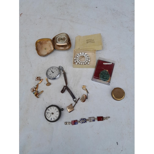 10 - Bag of oddments : silver cased pocket watch for spares and one other similar condition, cuff links, ... 