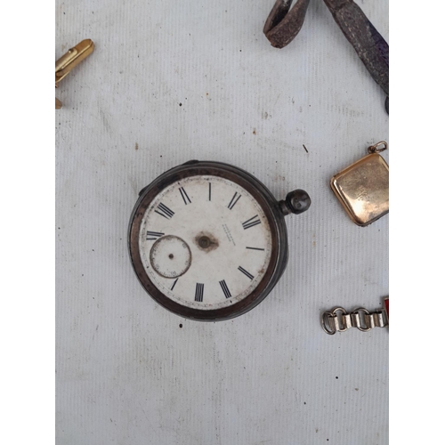 10 - Bag of oddments : silver cased pocket watch for spares and one other similar condition, cuff links, ... 