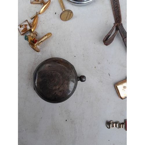 10 - Bag of oddments : silver cased pocket watch for spares and one other similar condition, cuff links, ... 