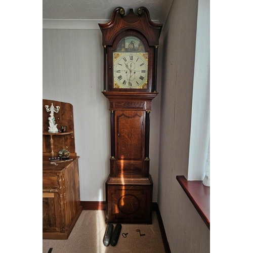 11 - Stunning 19th century grand father clock, with 8 day automaton movement, painted face oak and mahoga... 