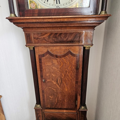 11 - Stunning 19th century grand father clock, with 8 day automaton movement, painted face oak and mahoga... 