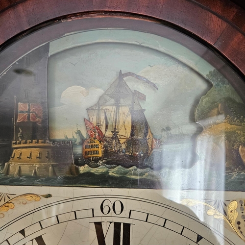 11 - Stunning 19th century grand father clock, with 8 day automaton movement, painted face oak and mahoga... 