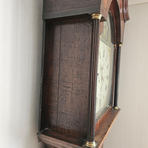 11 - Stunning 19th century grand father clock, with 8 day automaton movement, painted face oak and mahoga... 