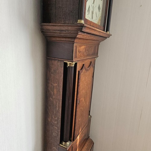 11 - Stunning 19th century grand father clock, with 8 day automaton movement, painted face oak and mahoga... 