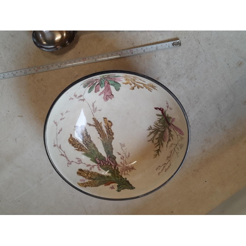 37 - Victorian Wedgwood silver plated rim bowl with crab claw servers : crazed with slight dirt, tarnish ... 