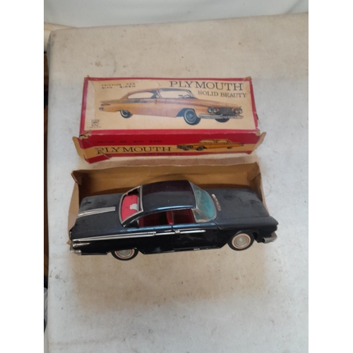 40 - Vintage Japanese tin plate toy car in tatty box of issue : Plymouth Solid Beauty