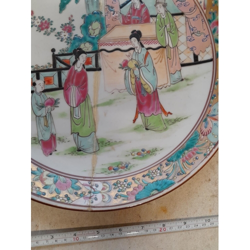 53 - 19th century Chinese Famille Rose plate signed underneath, note restoration