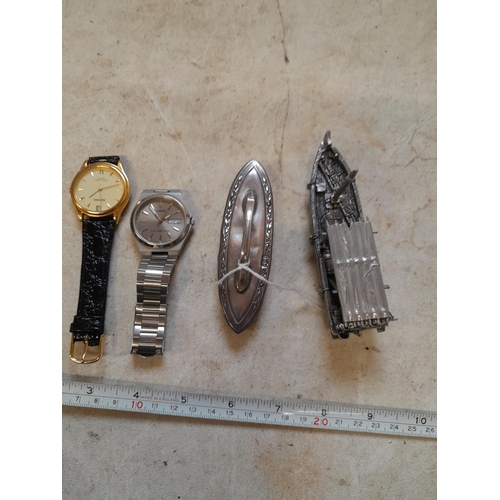 94 - Solid pewter boat, 2 x wristwatches and silver top nail buffer