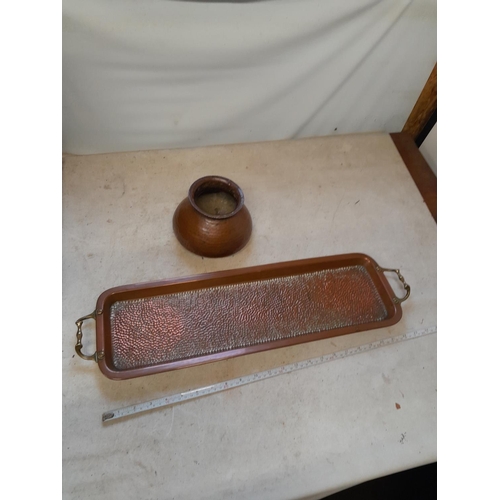 137 - Vintage African beaten copper storage vessel & Arts and Crafts copper and brass handled serving tray