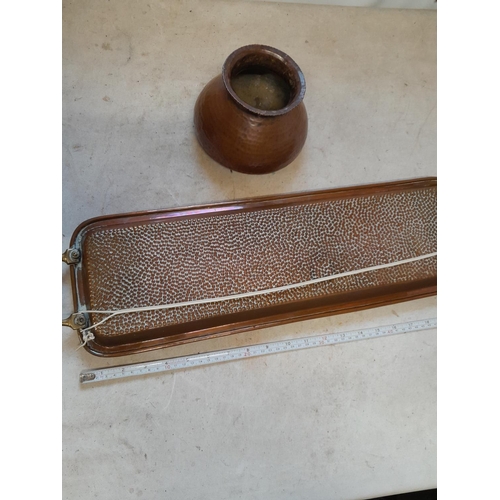 137 - Vintage African beaten copper storage vessel & Arts and Crafts copper and brass handled serving tray