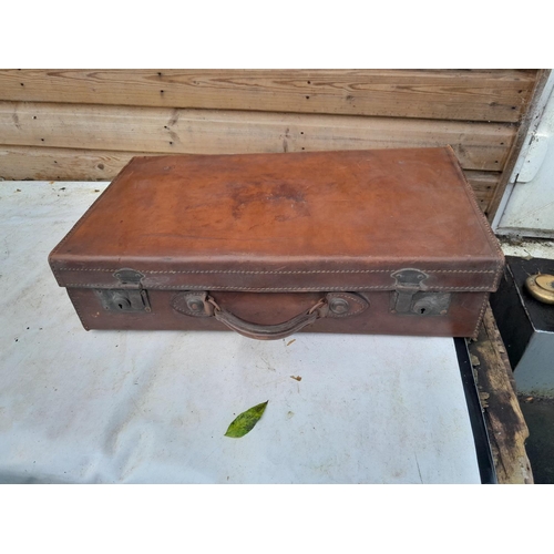 144 - Vintage leather and brass lock suitcase