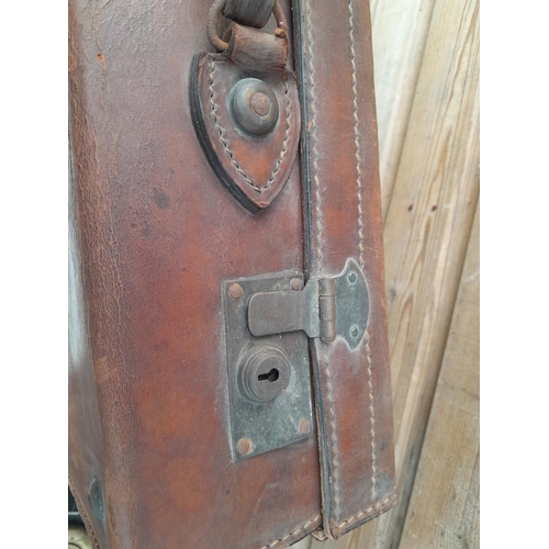 144 - Vintage leather and brass lock suitcase