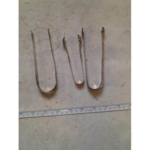 147 - 3 x pairs of silver sugar tongs , differing dates, assay offices and makers 83 g