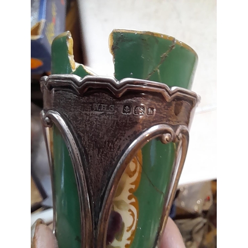 149 - Pair of silver trumpet vases with hand decorated porcelain liners, note damages