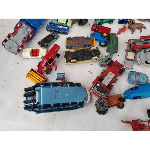 156 - Nice array of vintage die cast toy cars : Dinky, Corgi, Spot On and others all in play worn conditio... 