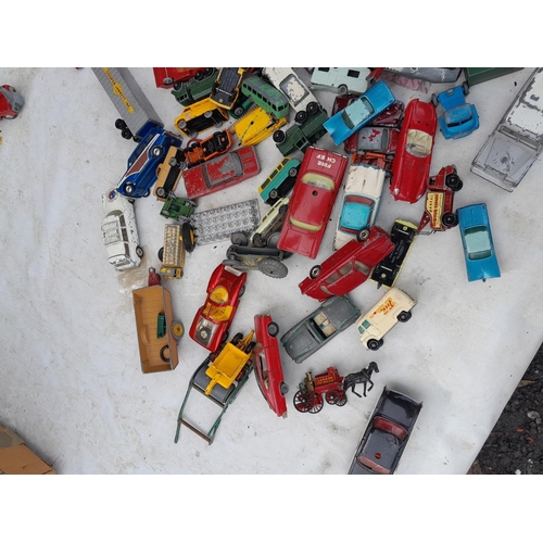 157 - Nice array of vintage die cast toy cars : Dinky, Corgi, Spot On and others all in play worn conditio... 