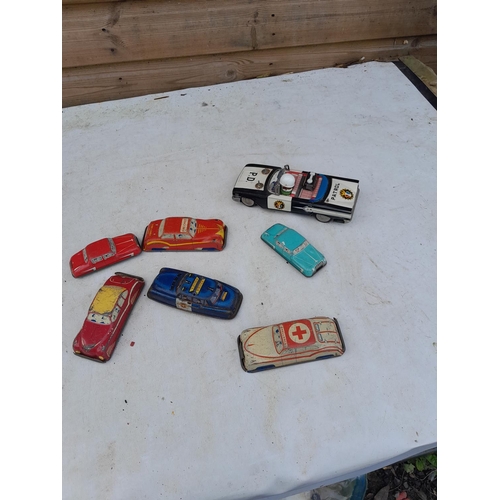 158 - Vintage play worn tin plate toy cars