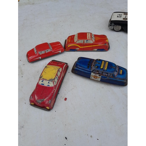 158 - Vintage play worn tin plate toy cars