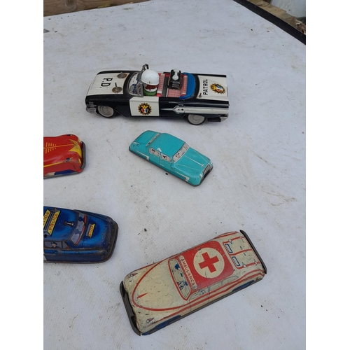 158 - Vintage play worn tin plate toy cars