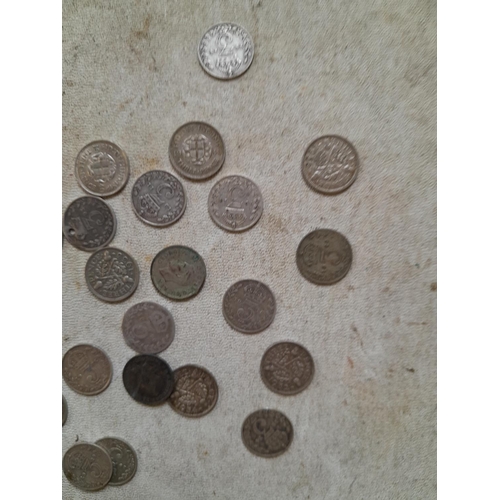 201 - 26 x silver Threepences sometimes pre 1920 and other silver coins, condition varies, some drilled et... 