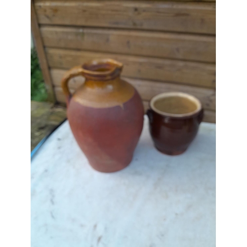 230 - 19th century painted and glazed earthenware jug and storage pots