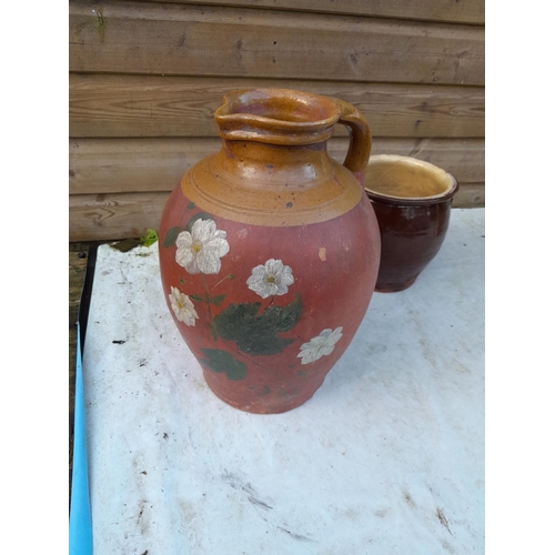 230 - 19th century painted and glazed earthenware jug and storage pots