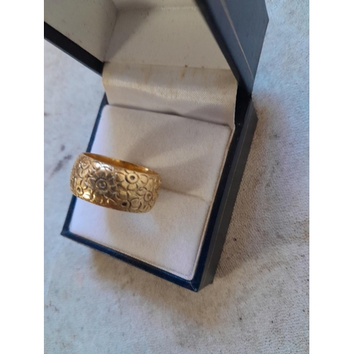 241 - Nicely floral engraved 22 ct gold ring size Q/R , 13.2  g