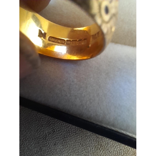 241 - Nicely floral engraved 22 ct gold ring size Q/R , 13.2  g