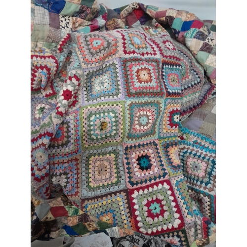 266 - Textiles : Vintage crochet work blanket and cushion & patchwork throw and cushion