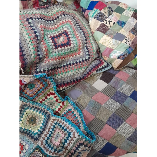 266 - Textiles : Vintage crochet work blanket and cushion & patchwork throw and cushion