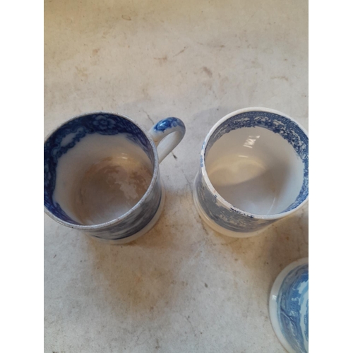 287 - 4 x blue and white 19th century pottery tankard with transfer printed decoration (2 x flow blue)