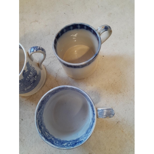 287 - 4 x blue and white 19th century pottery tankard with transfer printed decoration (2 x flow blue)