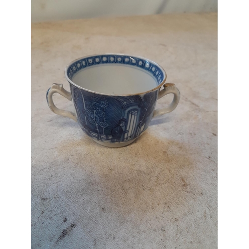 291 - Early 19th century Chinese porcelain blue and white export two handled cup 5.5 cms x 9.5 cms in good... 