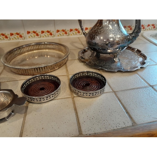 382 - Assorted silver plated ware, tea pot, trays etc.