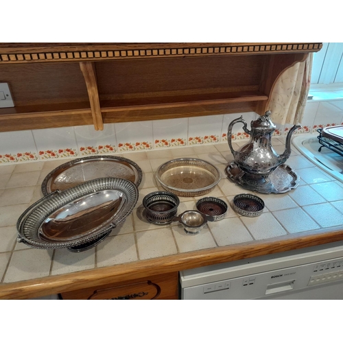 382 - Assorted silver plated ware, tea pot, trays etc.