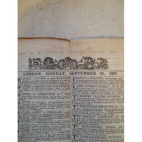 509 - Copy of The Times Monday September 25th 1837, original copy not facsimile